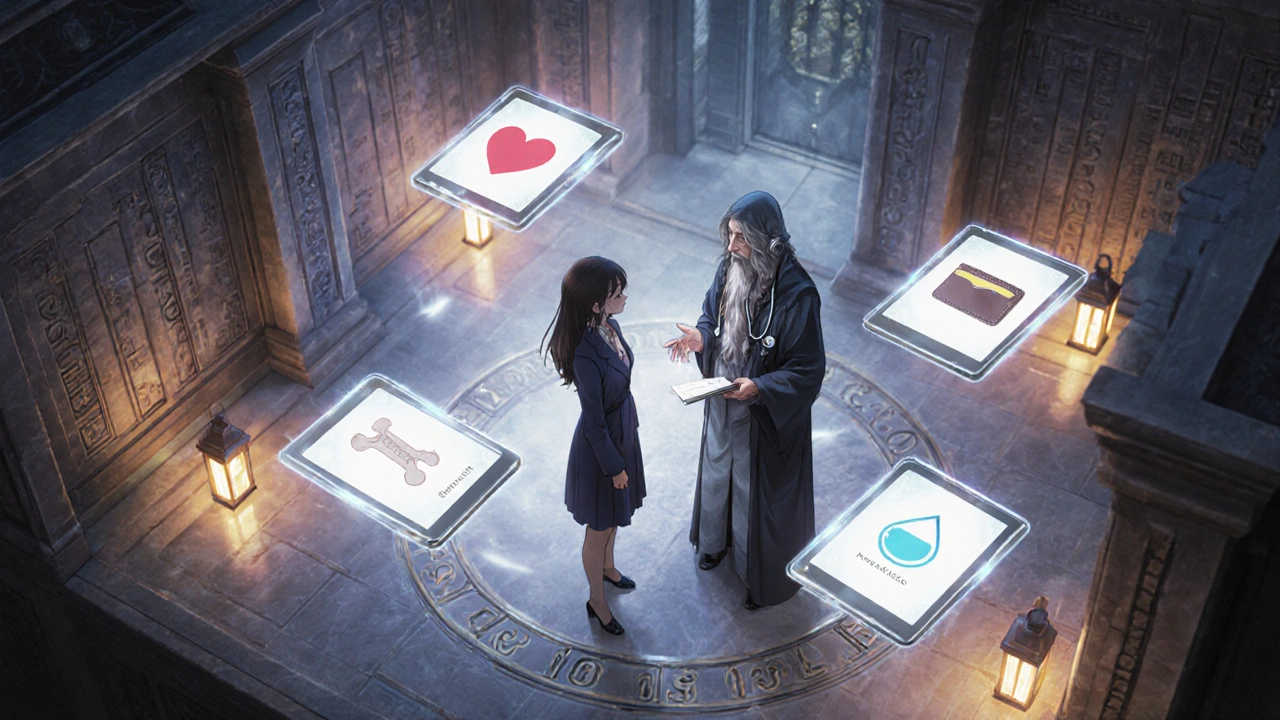 Clinique magique où un sage médecin montre des hologrammes de risques et de coûts.