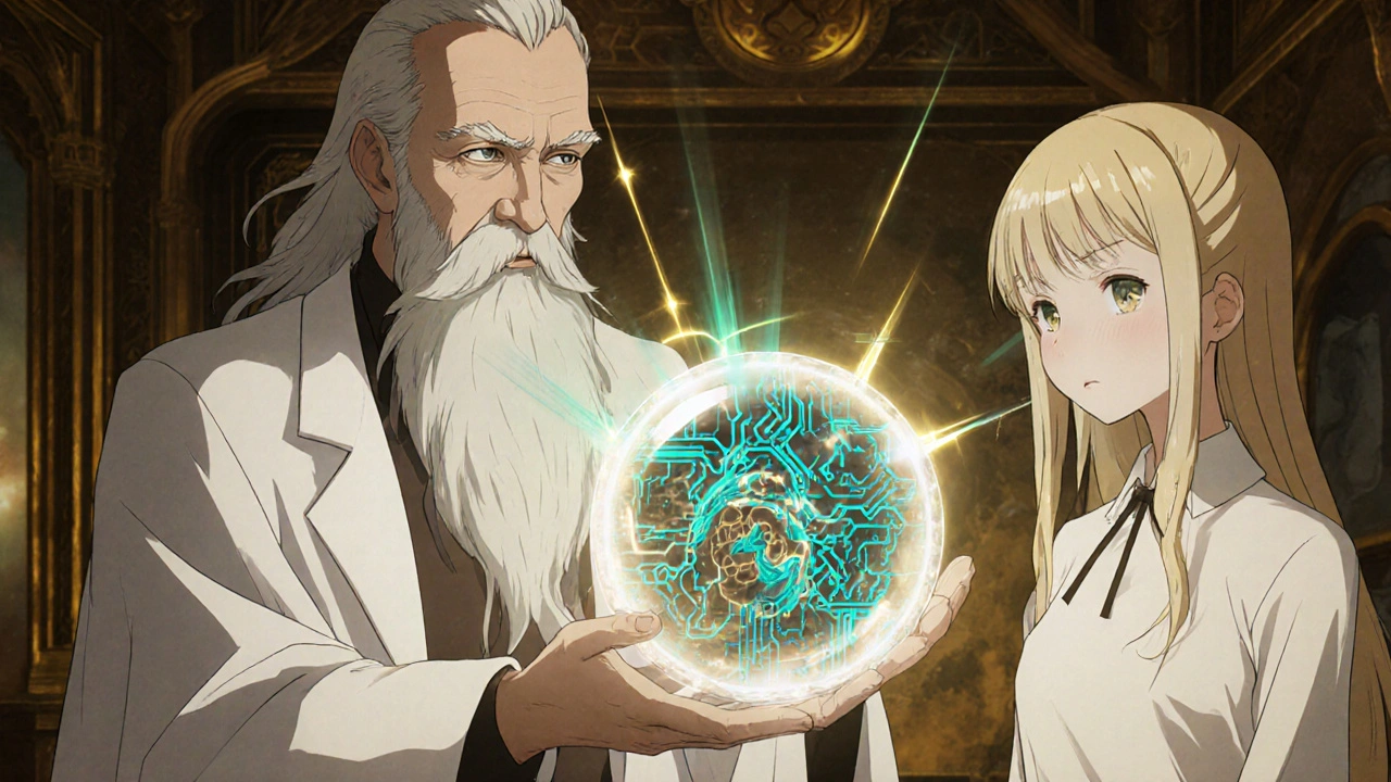 Médecin sorcier montre une carte magique d&#039;IRM du cerveau au patient.