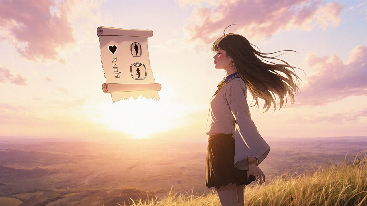 Patient énergisé debout sur une colline au lever du soleil, avec un parchemin flottant montrant des icônes médicales.