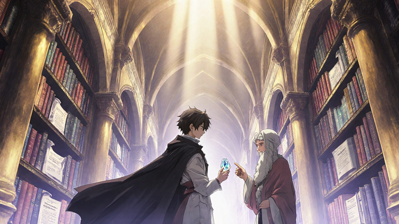 Protagoniste discute avec un sage dans une bibliothèque magique, tenant une pilule cristal.