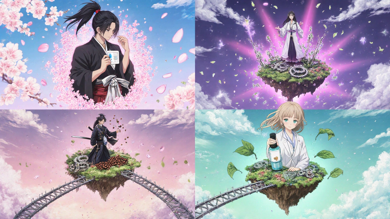 Quatre îles flottantes illustrant estradiol, tibolone, phytoestrogènes et estriol.