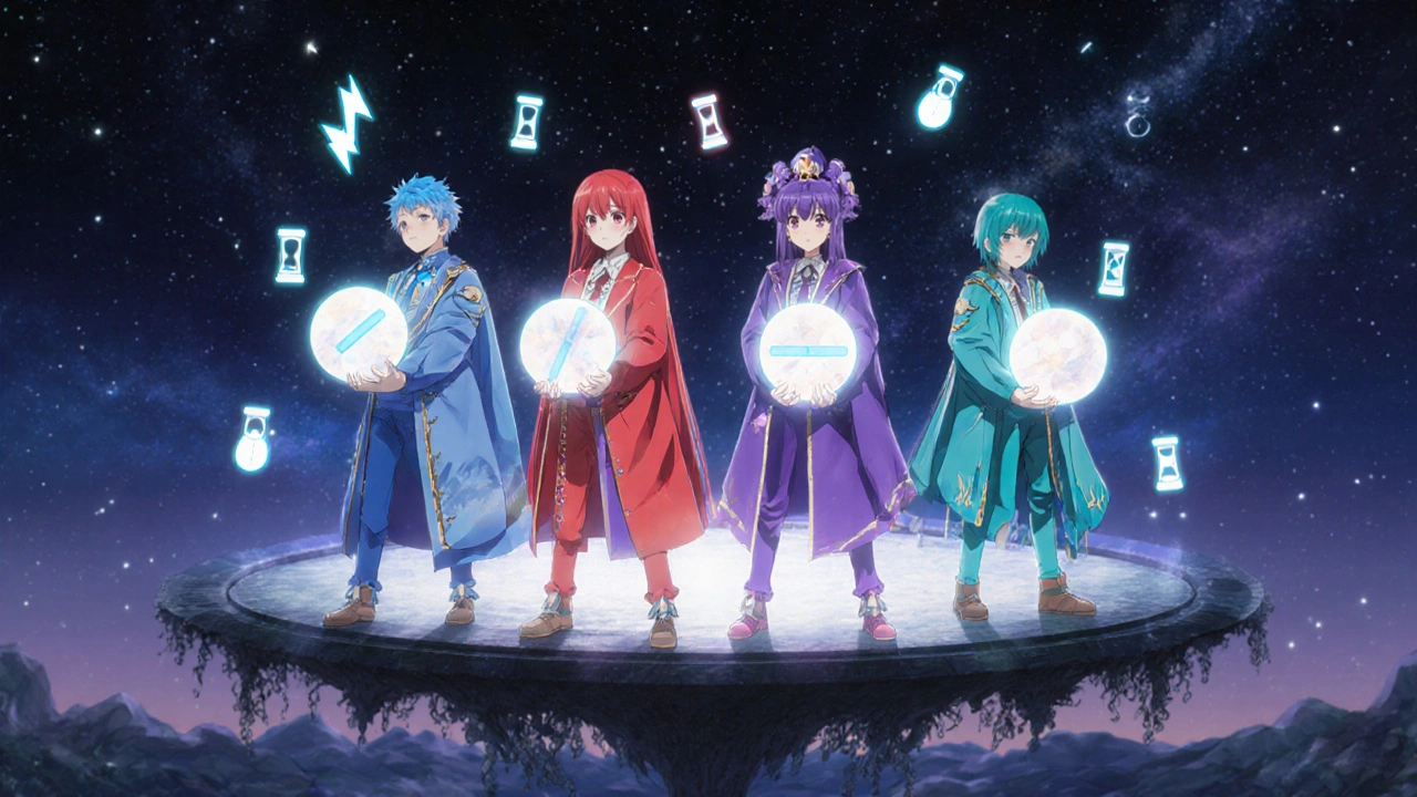 Quatre personnages anime tiennent des pilules colorées dans une arène mystique.