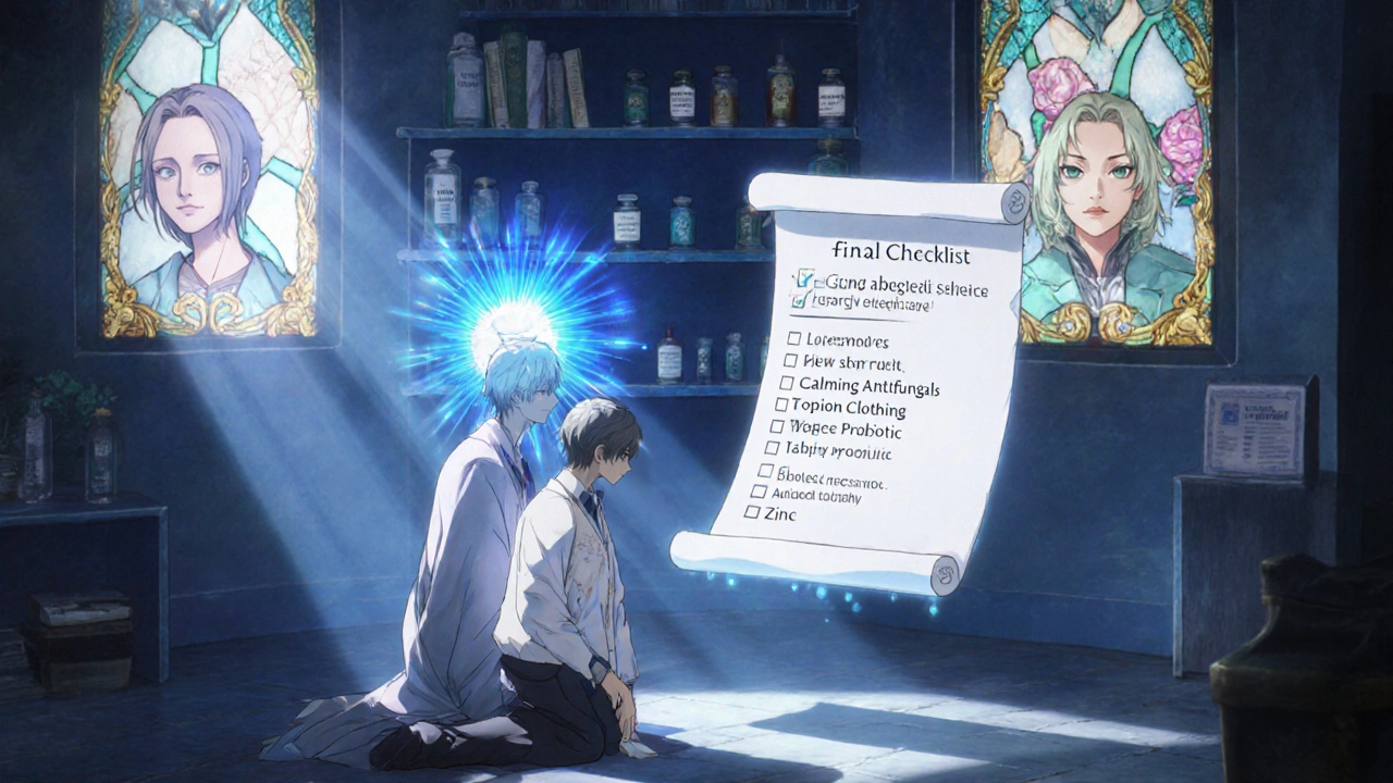 Clinique mystique avec médecin sage et liste de contrôle lumineuse pour la santé de la peau.