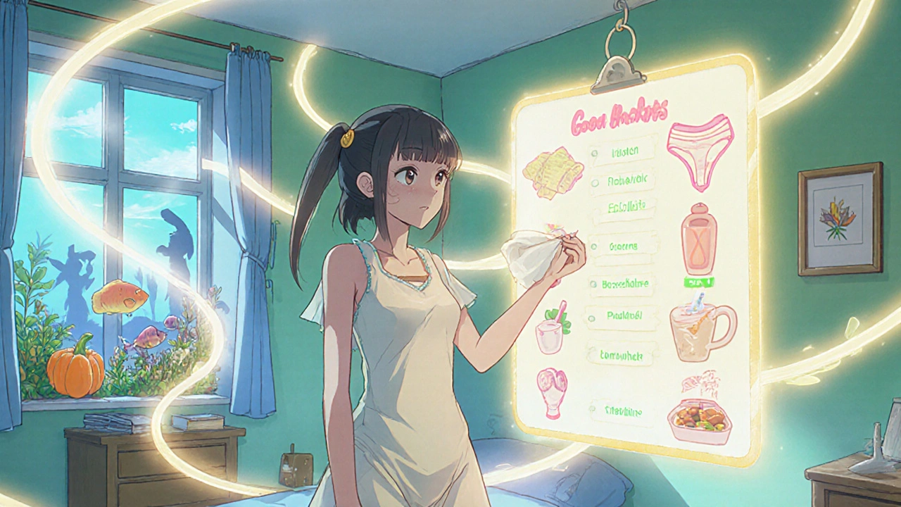 Héroïne anime avec liste flottante de prévention: sécher, coton, probiotiques, crème.