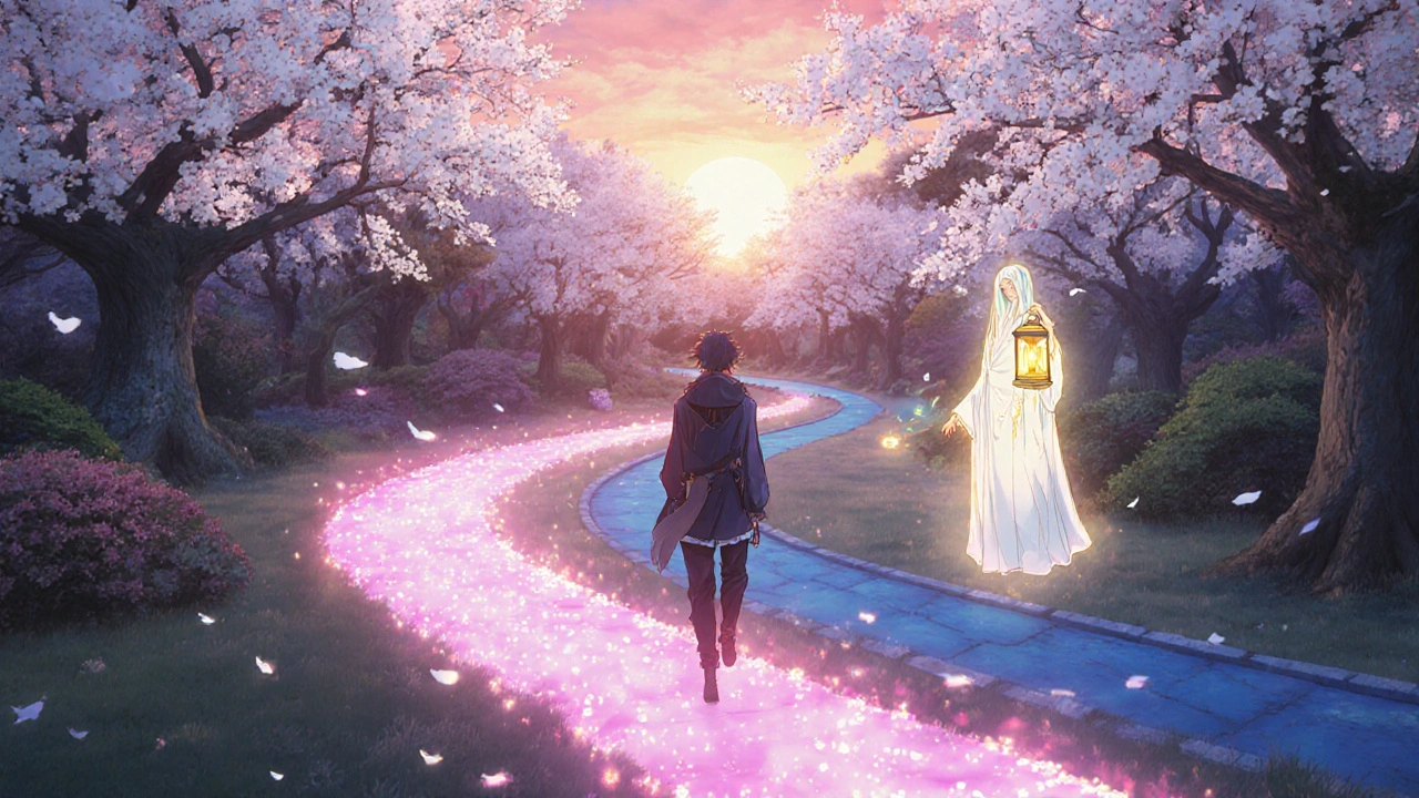 Héros contemplant des chemins lumineux dans un jardin japonais, guidé par une lanterne spirituelle.