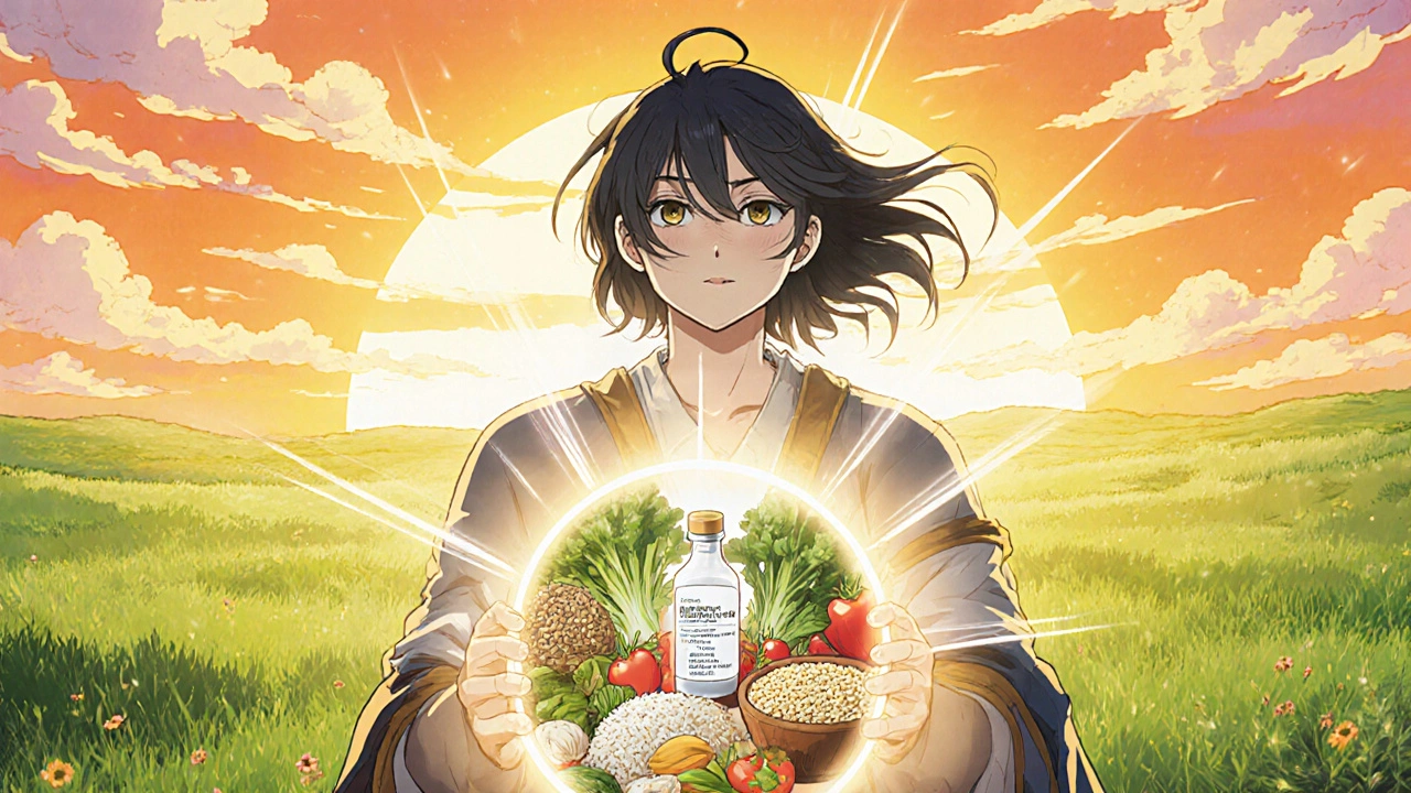 Héros dans un champ lumineux tient des aliments sans gluten et un flacon de médicament.