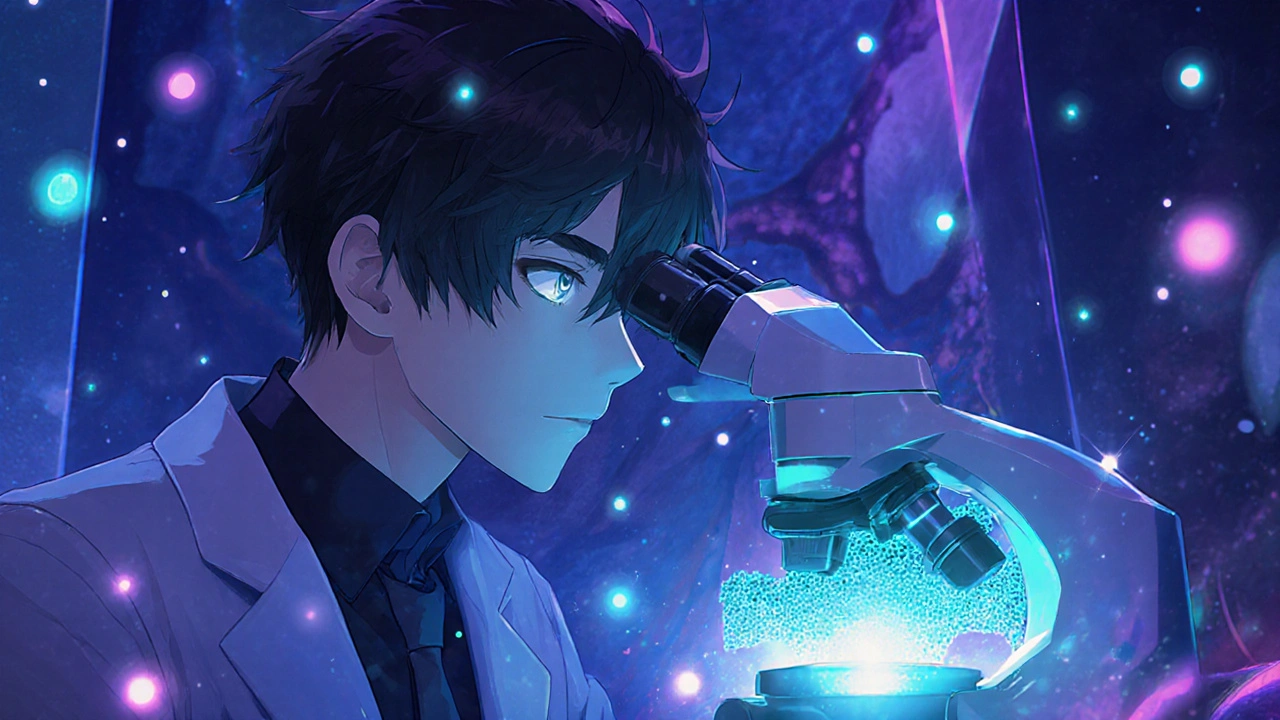 Laboratoire fantastique montre un microscope émettant une lueur bleue avec des dépôts IgA.