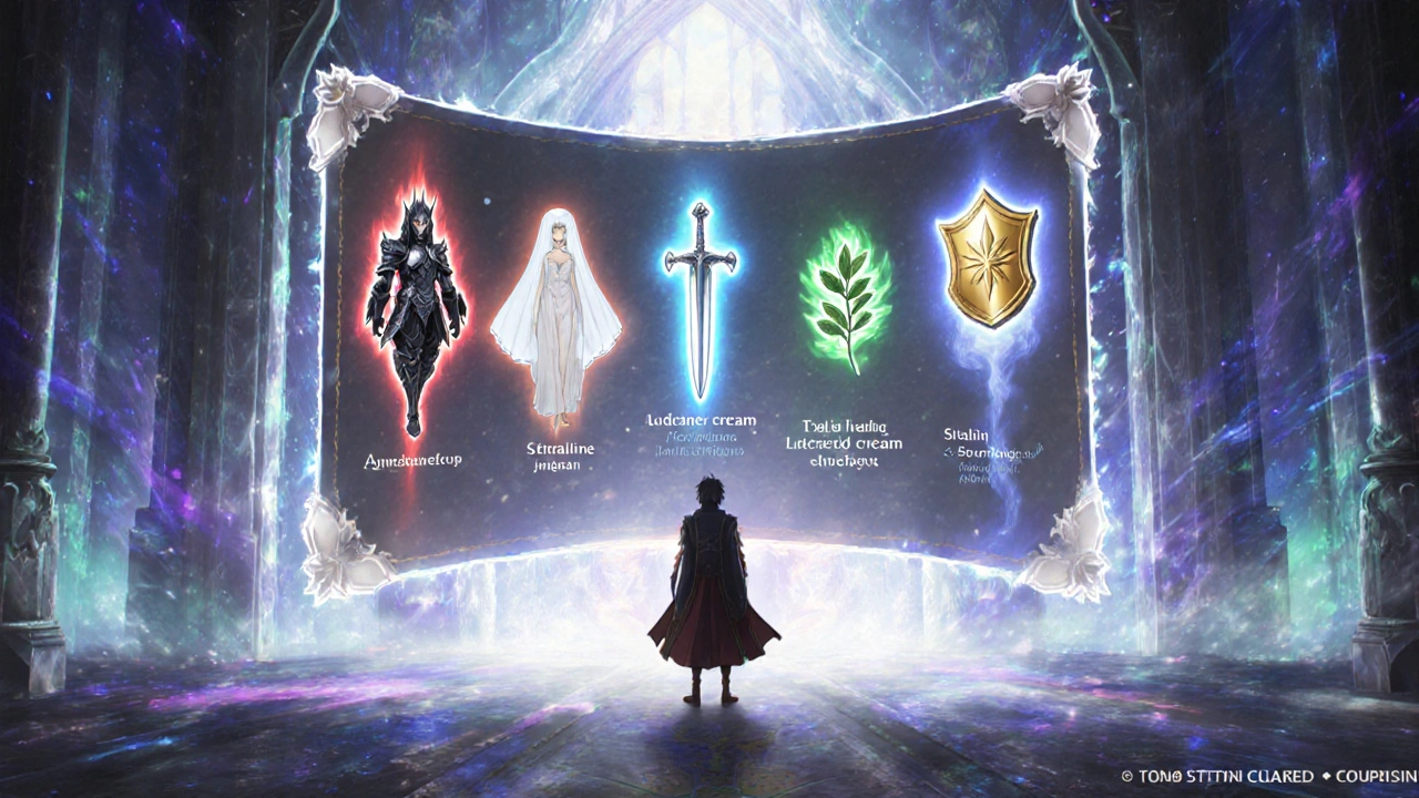 Le héros observe des représentations fantaisistes des traitements d’éjaculation, chacune entourée d’aura distincte.