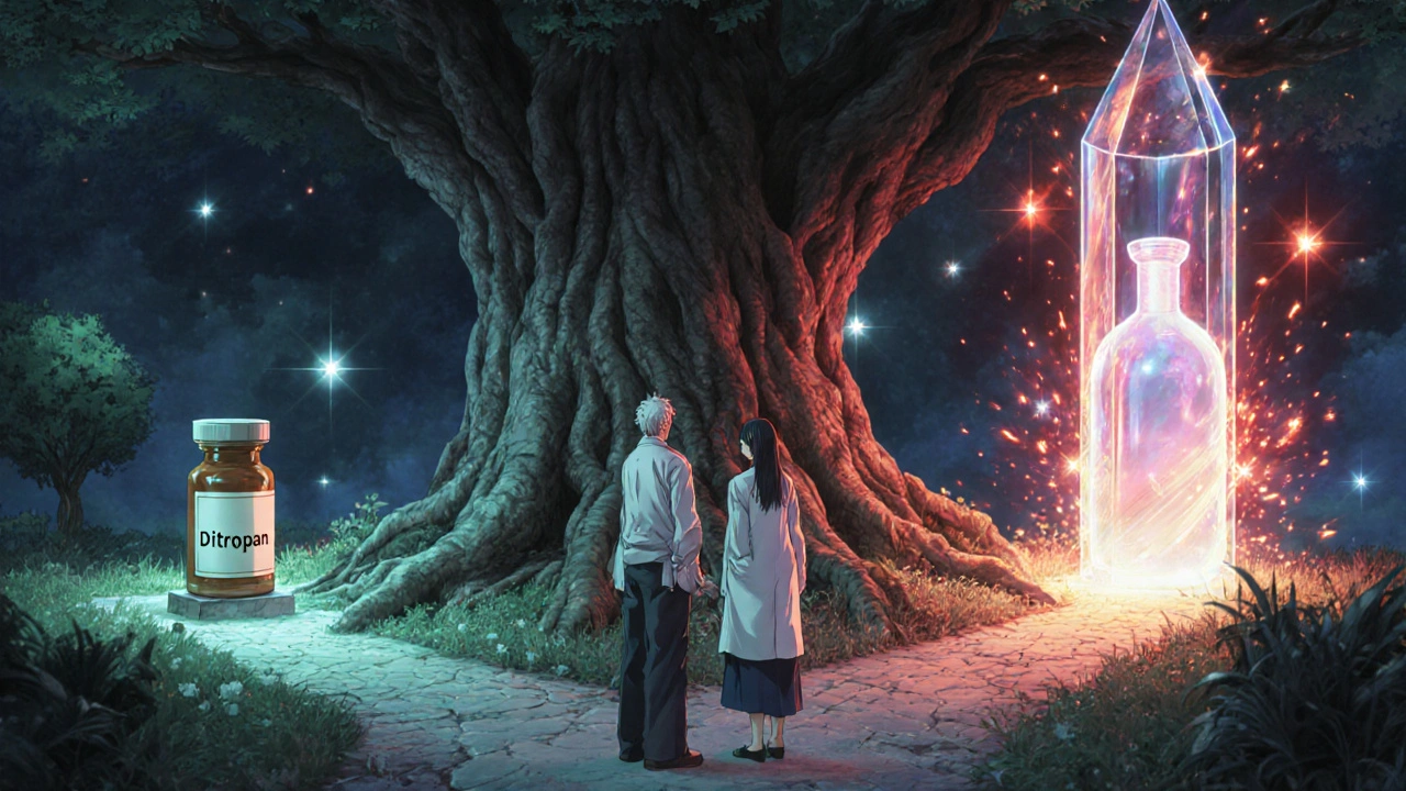 Patient et médecin se tiennent à un carrefour où les chemins représentant Ditropan et Mirabegron scintillent.