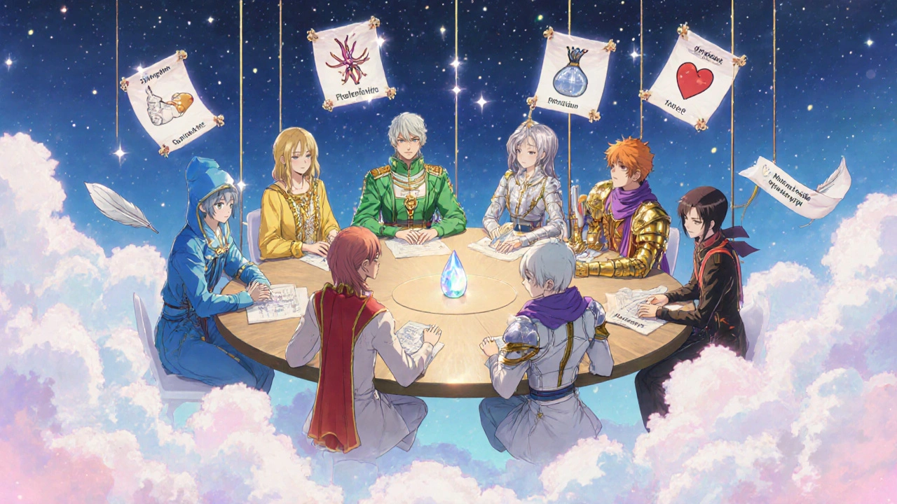 Table ronde flottante avec personnages incarnant chaque médicament contre l’incontinence, entourés d’icônes magiques.