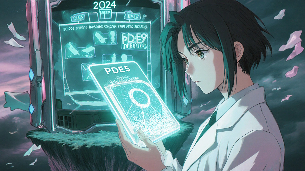 Alchimiste futuriste examinant une pilule nanotech PDE5 dans un laboratoire flottant.