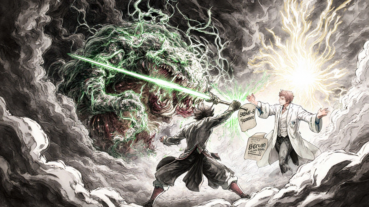 Bataille dans le corps humain : un héros avec une lance de baclofène combat une entité du réflexe du hoquet, protégé par un bouclier GABA-B.