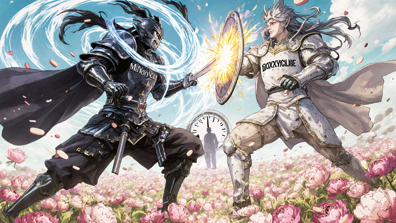 Bataille entre deux guerriers représentant la minocycline et la doxycycline sur un champ de lésions acnéiques.