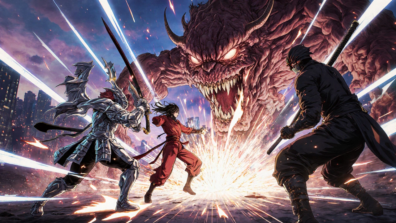 Bataille épique entre trois traitements contre une créature de veines enflées, dans un style manga isekai.