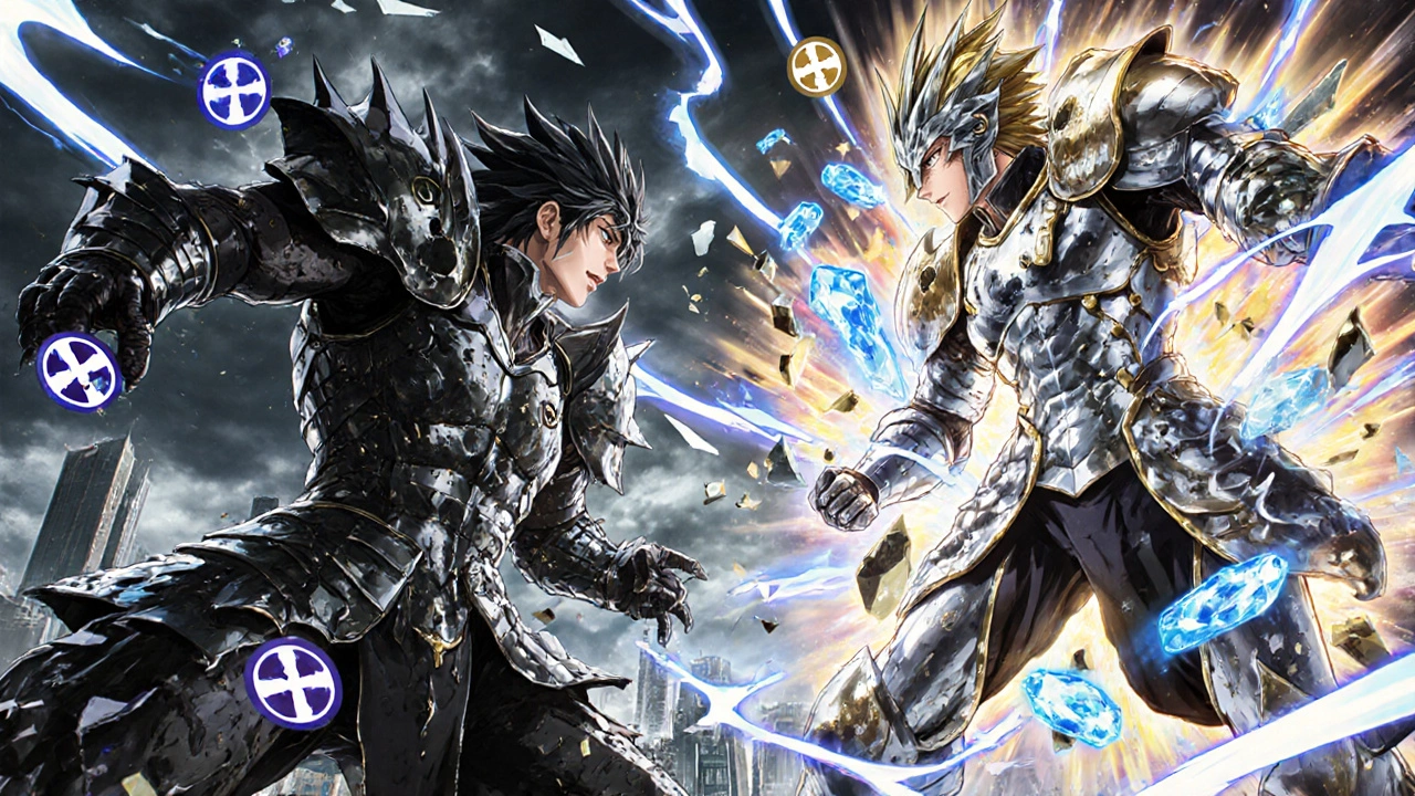 Bataille épique entre une armure d&#039;acné et une armure de thérapie laser, dans un monde fantastique.