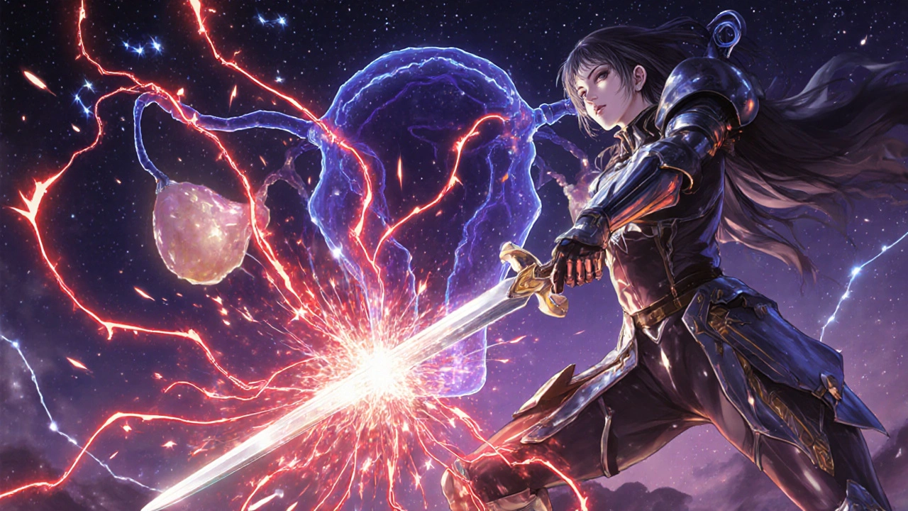 Bataille symbolique dans le corps féminin où une guerrière bloque les signaux de douleur en style fantasy anime.