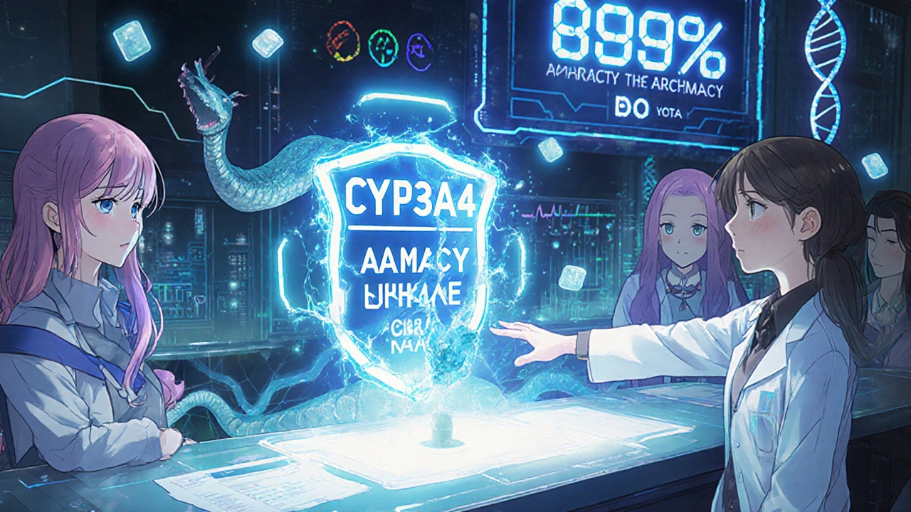 Console holographique de pharmacie avec un serpent CBD attaquant une enzyme CYP3A4, sous des données médicales flottantes et un score IA.