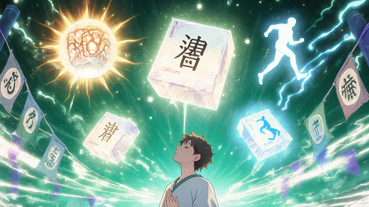 Des comprimés flottants et des esprits élémentaires soignent une colonne vertébrale dans un sanctuaire médical mystique.