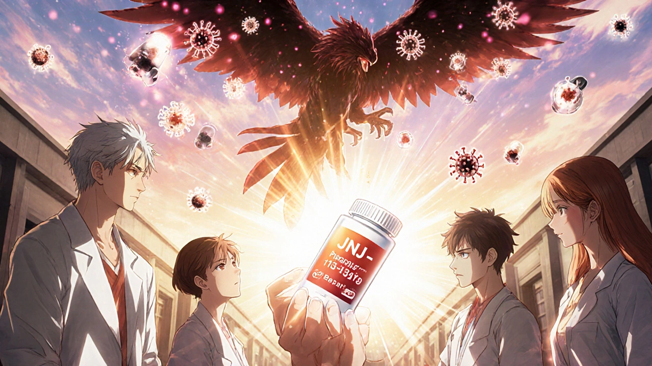 Des patients protégés par une pilule qui devient un bouclier, face à un monstre viral, tandis qu&#039;un phénix médical descend du ciel.