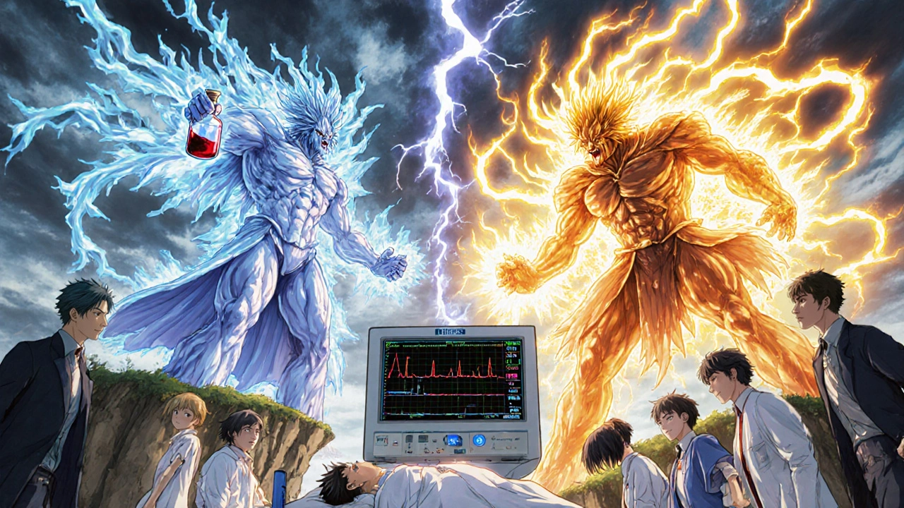 Deux esprits élémentaires en combat sur un hôpital en cliff, l&#039;un symbolisant la concentration du médicament, l&#039;autre sa réponse biologique.