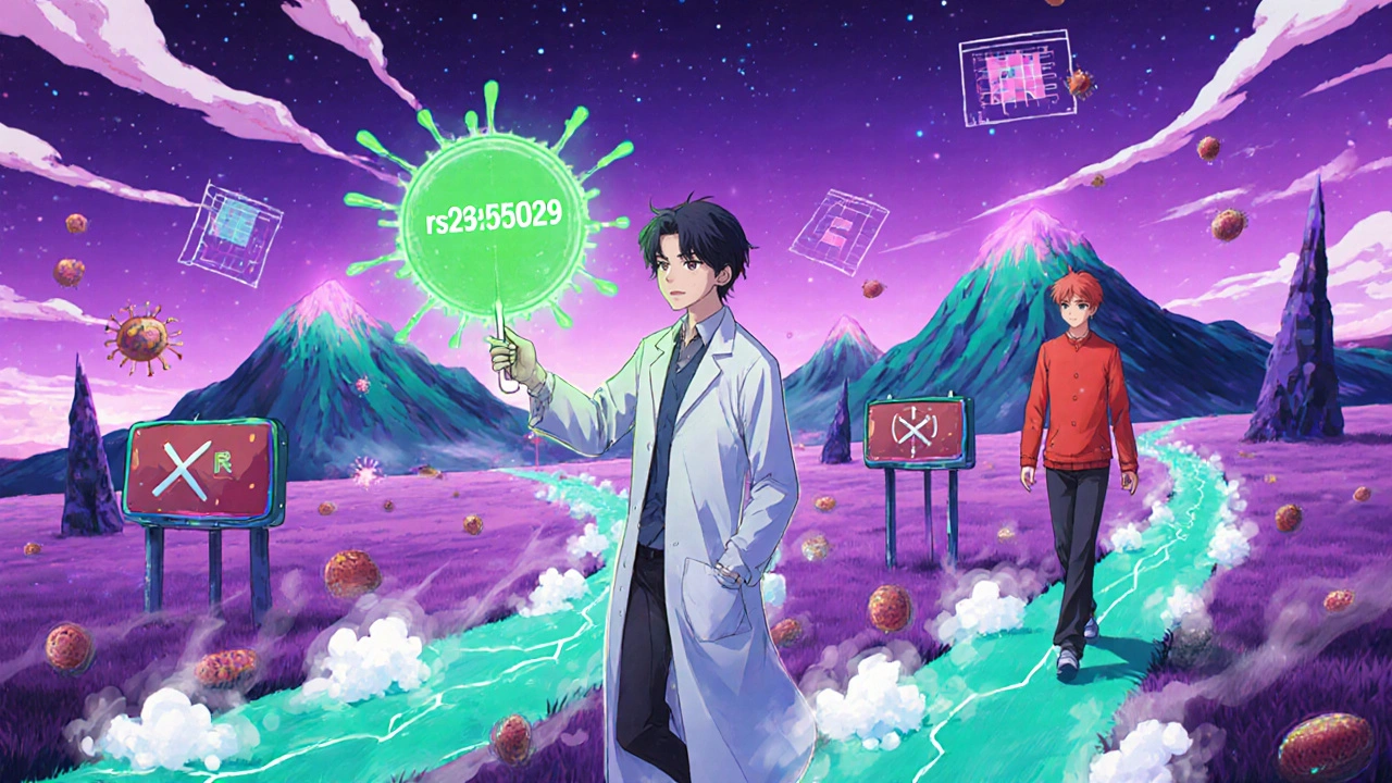 Deux patients marchent sur des chemins lumineux représentant leur réponse à l&#039;entecavir, marqués par un marqueur génétique brillant.