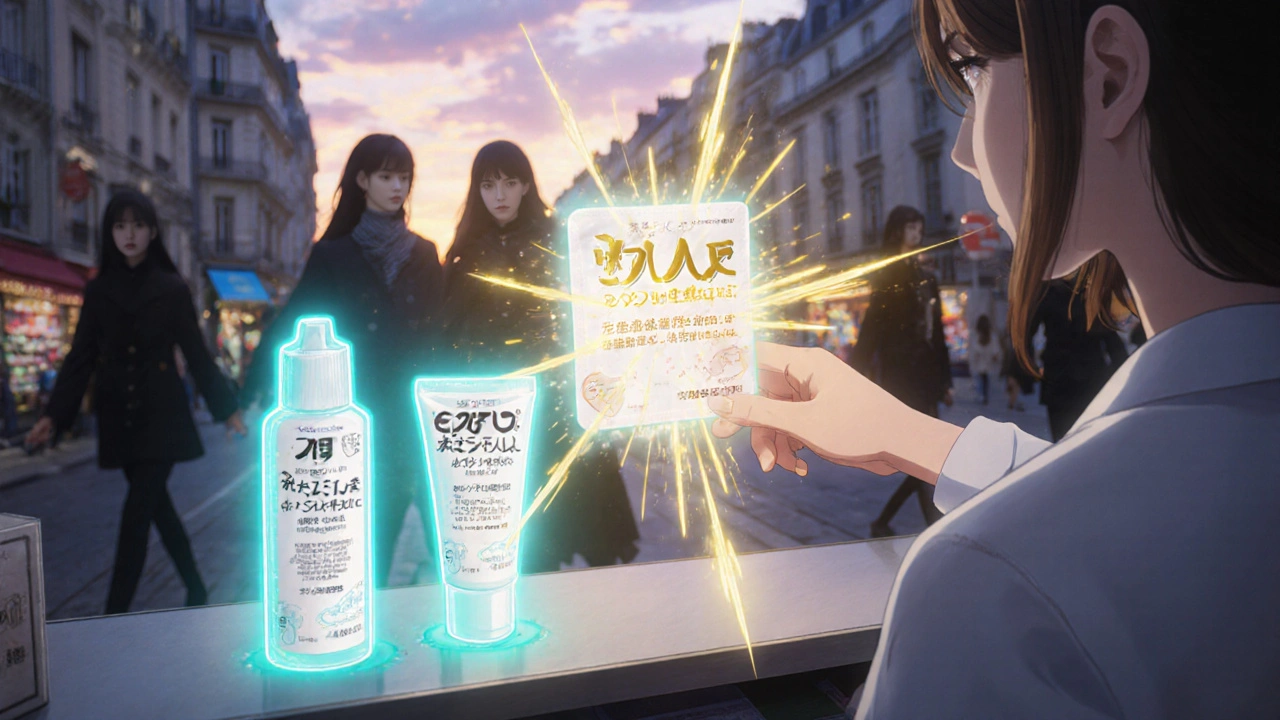 Étagère de pharmacie avec produits à la lidocaïne éclairés d’un halo bleu, dans un style anime urbain.