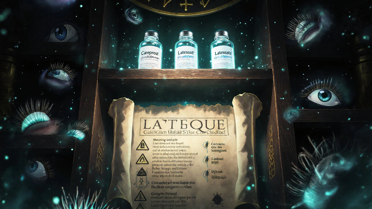 Étagère mystique avec trois flacons de traitement pour cils et données cliniques flottantes.
