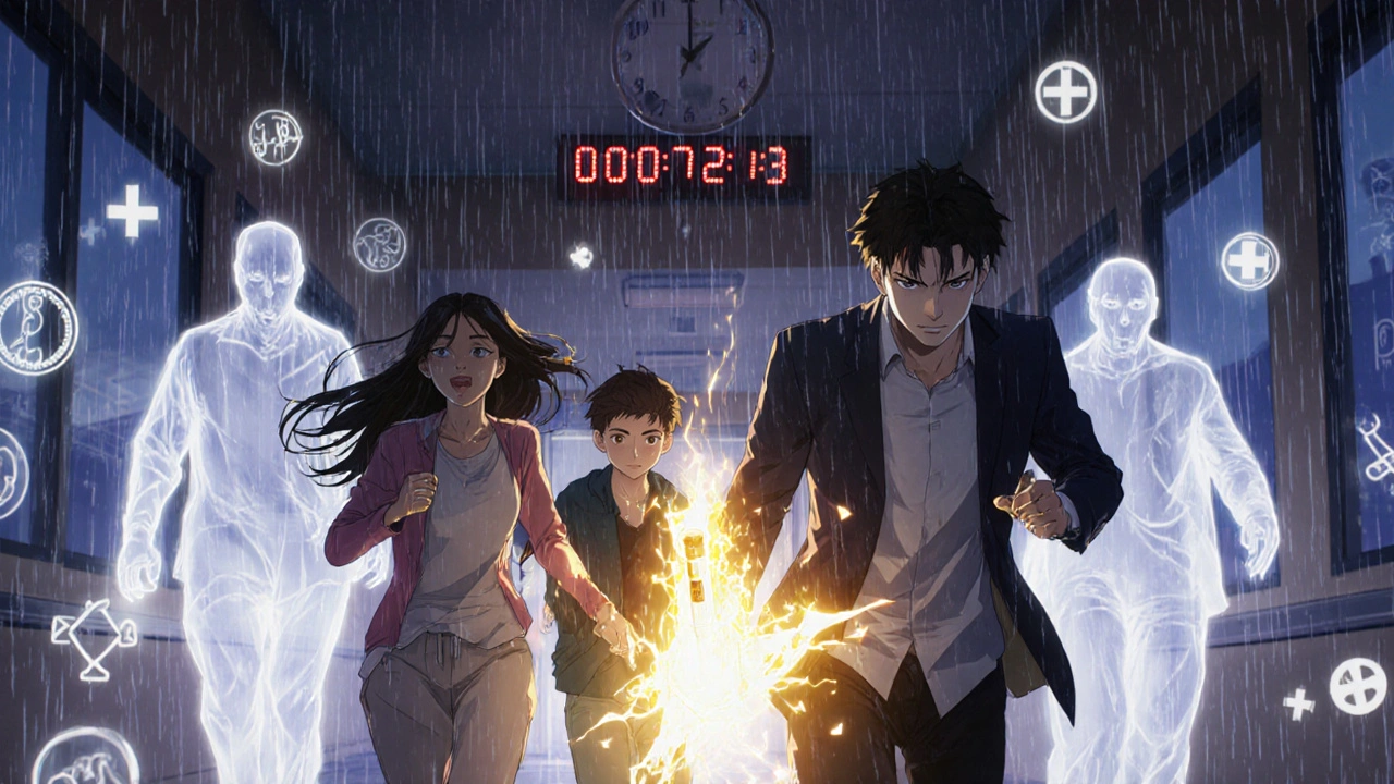 Famille en course dans un couloir d’hôpital, un EpiPen émet une lueur dorée tandis que des fantômes de victimes disparaissent, un horloge numérique affiche 7 minutes restantes.