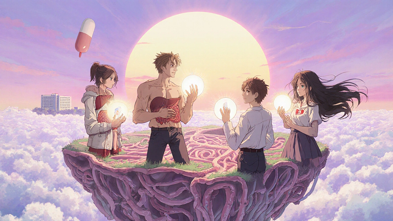 Groupe d&#039;individus sur une île flottante d&#039;organes, chacun tenant une sphère de perte de poids, style anime isekai.