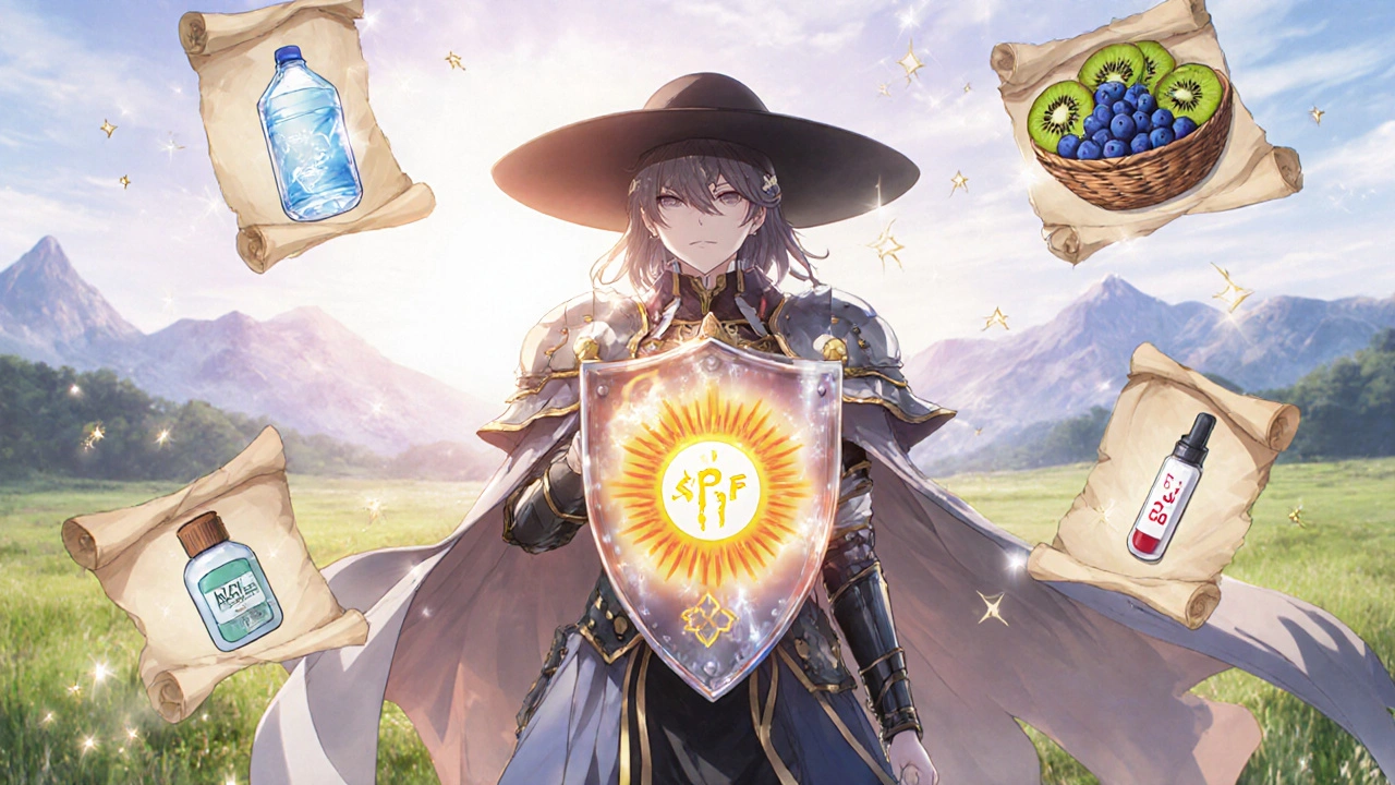 Guide héroïque avec protections solaires, hydratation et soins dermatologiques.