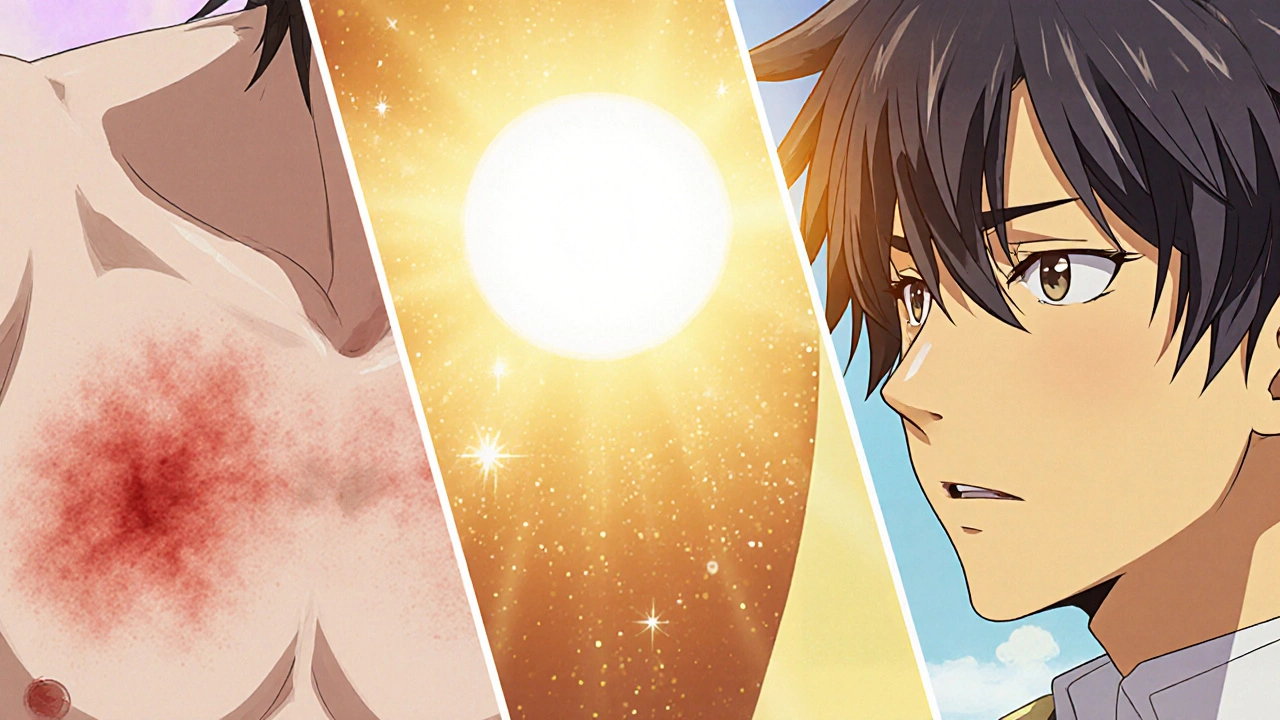 Illustration montrant rash rouge, photosensibilité solaire et jaunisse sur un personnage.