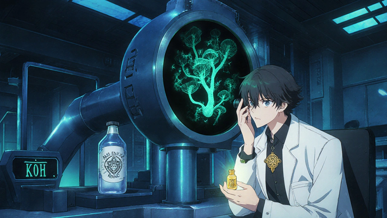 Inspecteur manga observe au microscope des filaments fongiques lumineux.