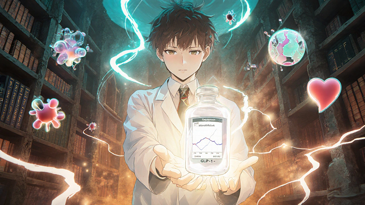 Laboratoire mystique où des molécules de GLP-1 dansent autour d&#039;une fiole lumineuse, style anime isekai.