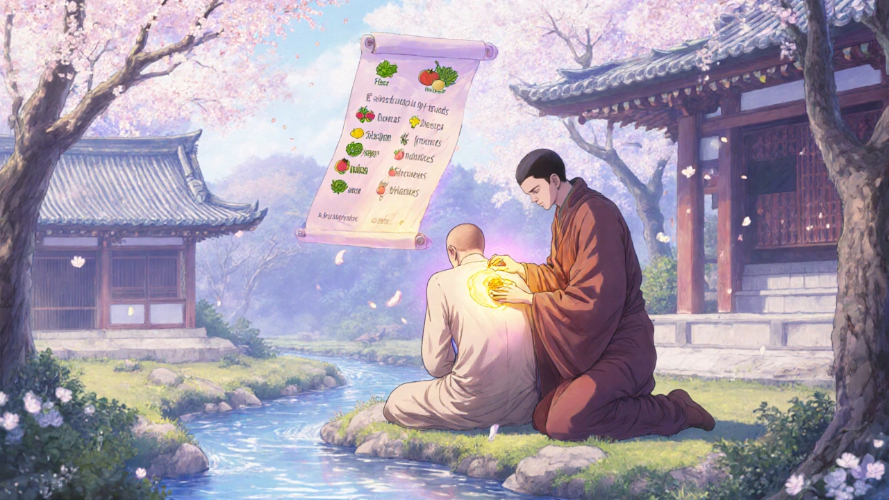 Moine appliquant un baume naturel dans un jardin apaisant, avec des aliments sains flottant en l&#039;air.