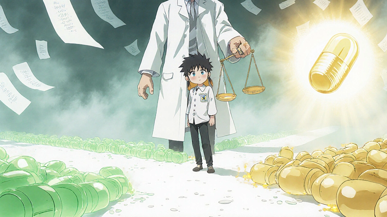 Patient au carrefour entre générique et marque dans un monde de pharmacie fantastique.