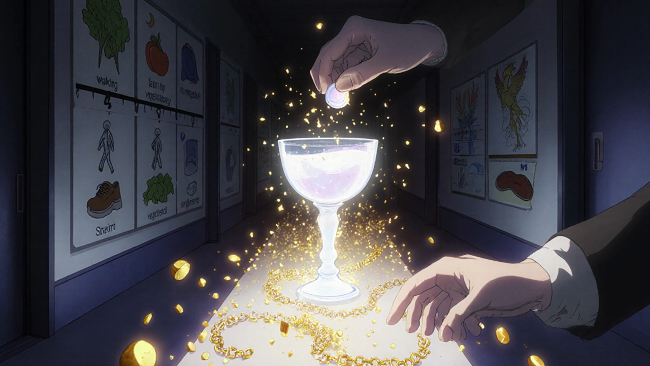 Patient déposant une pilule de corticoïde dans une coupe lumineuse, tandis que des chaînes de symptômes se brisent.