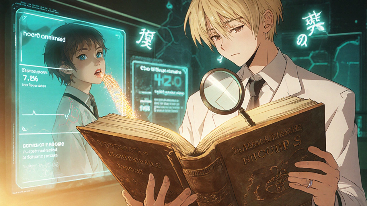 Pharmacien examine un livre ancien avec des hologrammes montrant des données cliniques sur les hoquets et le sucre en grains.