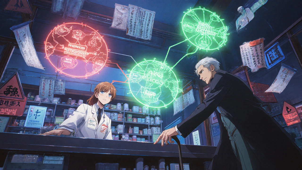 Pharmacien montrant des cartes holographiques d&#039;interactions médicamenteuses sécurisées.