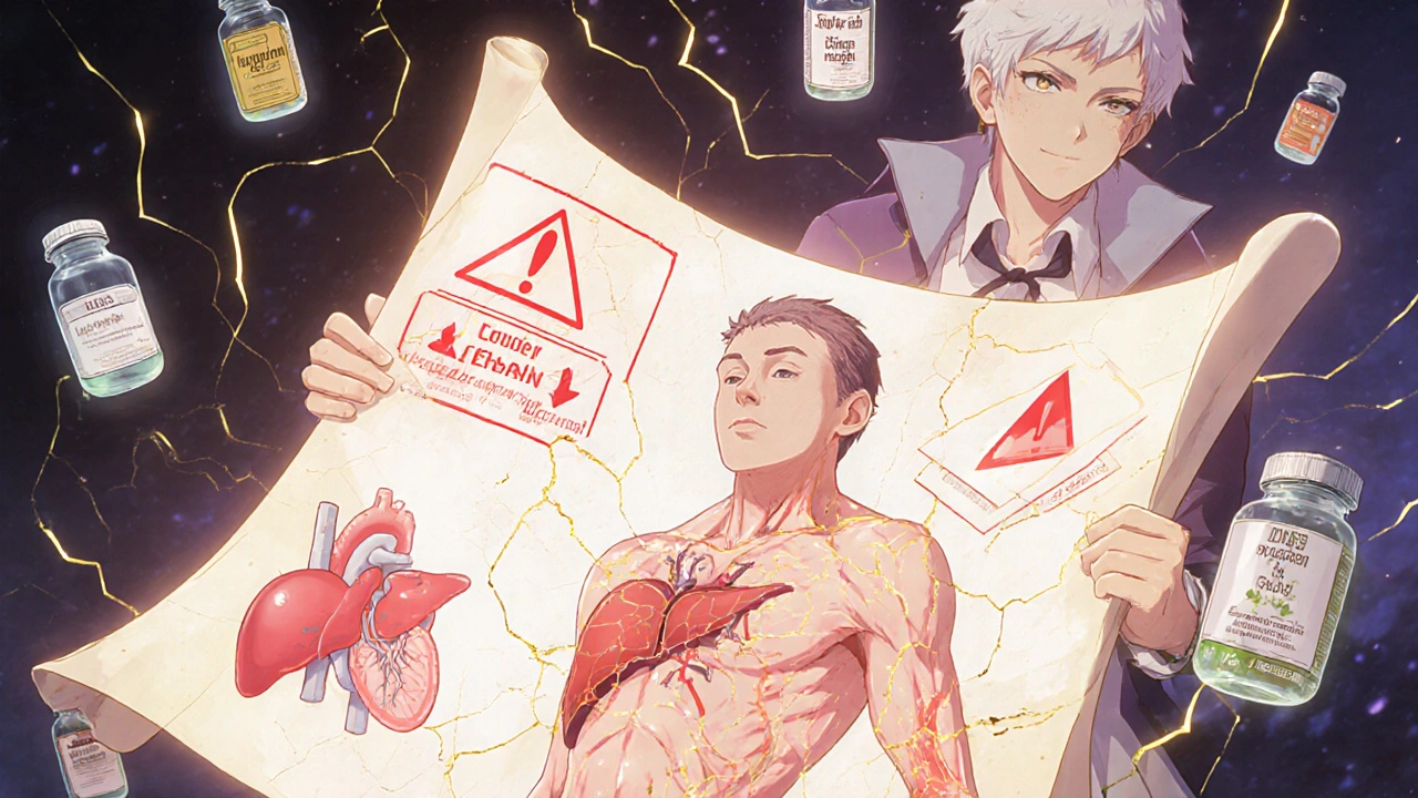 Pharmacien projette des avertissements holographiques au-dessus d’un patient dont la peau se fissure, entouré de bouteilles de médicaments dangereux et de symboles médicaux lumineux.