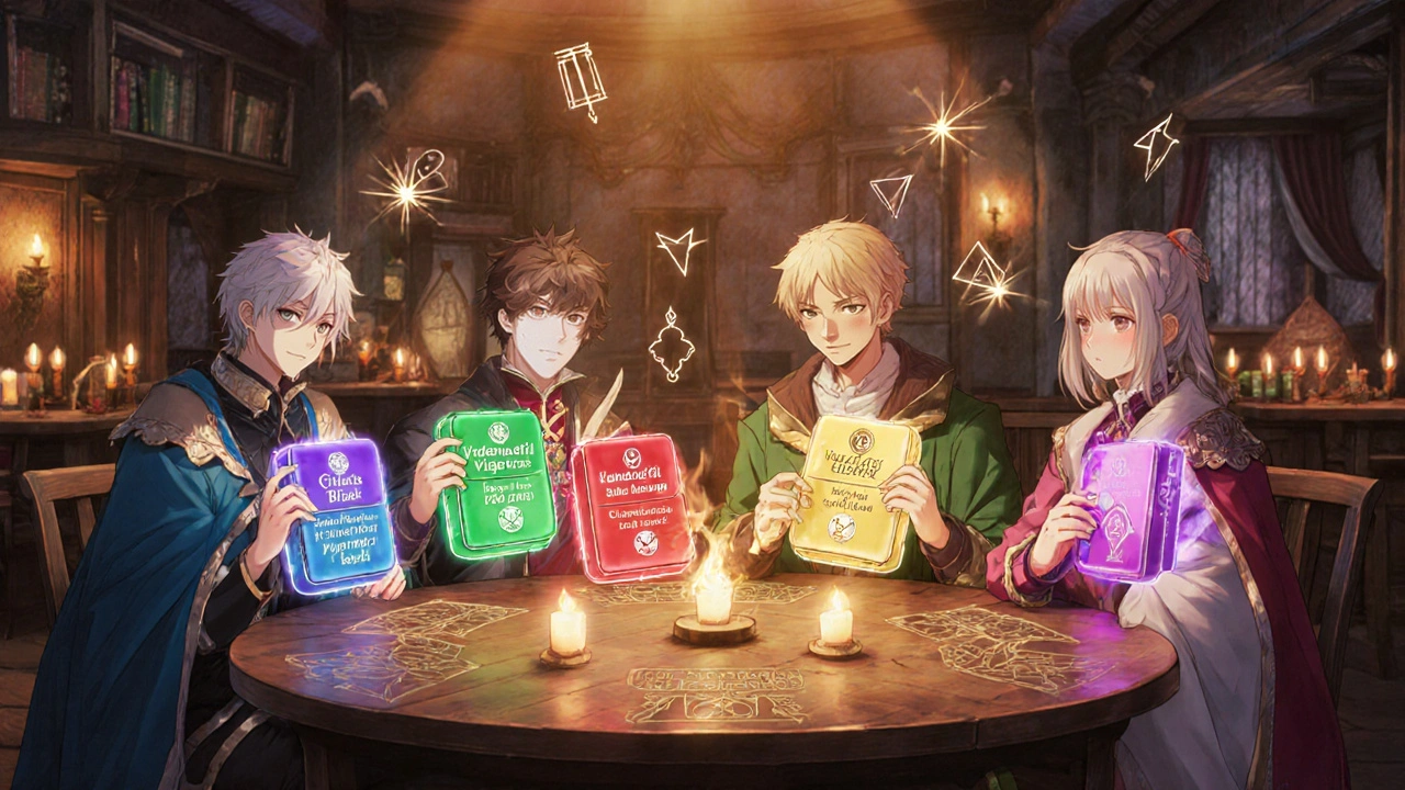 Quatre héros dans une taverne magique présentant les pilules Cialis Black, Viagra, Levitra et Stendra.