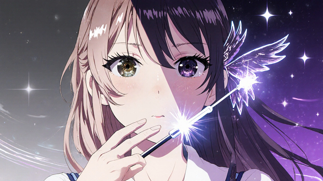 Scène divisée : cils fragiles à gauche, cils magnifiques à droite, sous un éclairage céleste.