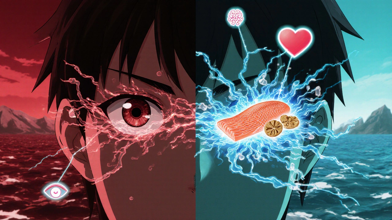 Scène divisée : repas salé causant une pression oculaire élevée vs repas sain avec des bienfaits pour les yeux.