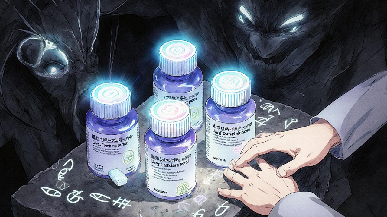 Trois génériques de dexlansoprazole comme artefacts sacrés avec des auréoles différentes.