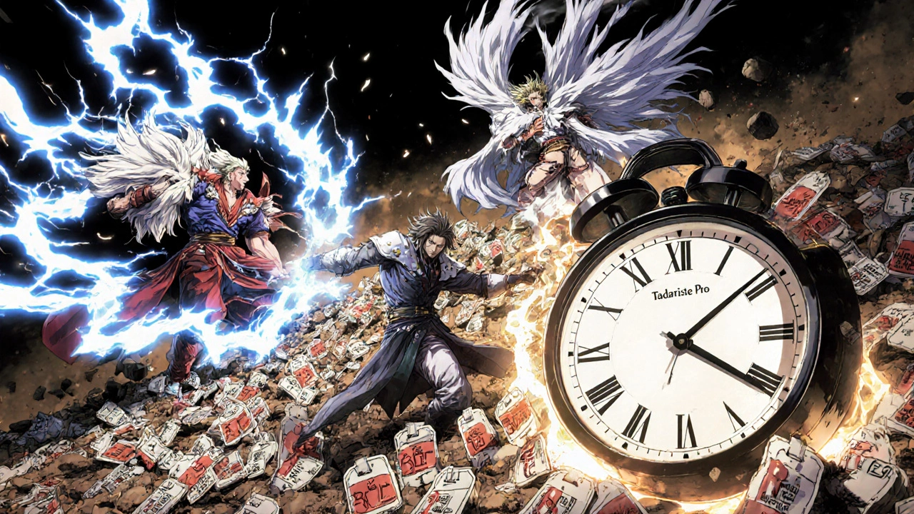 Trois guerriers magiques représentant Viagra, Levitra et Tadarise Pro en combat, avec des pouvoirs liés à leur durée d&#039;action.