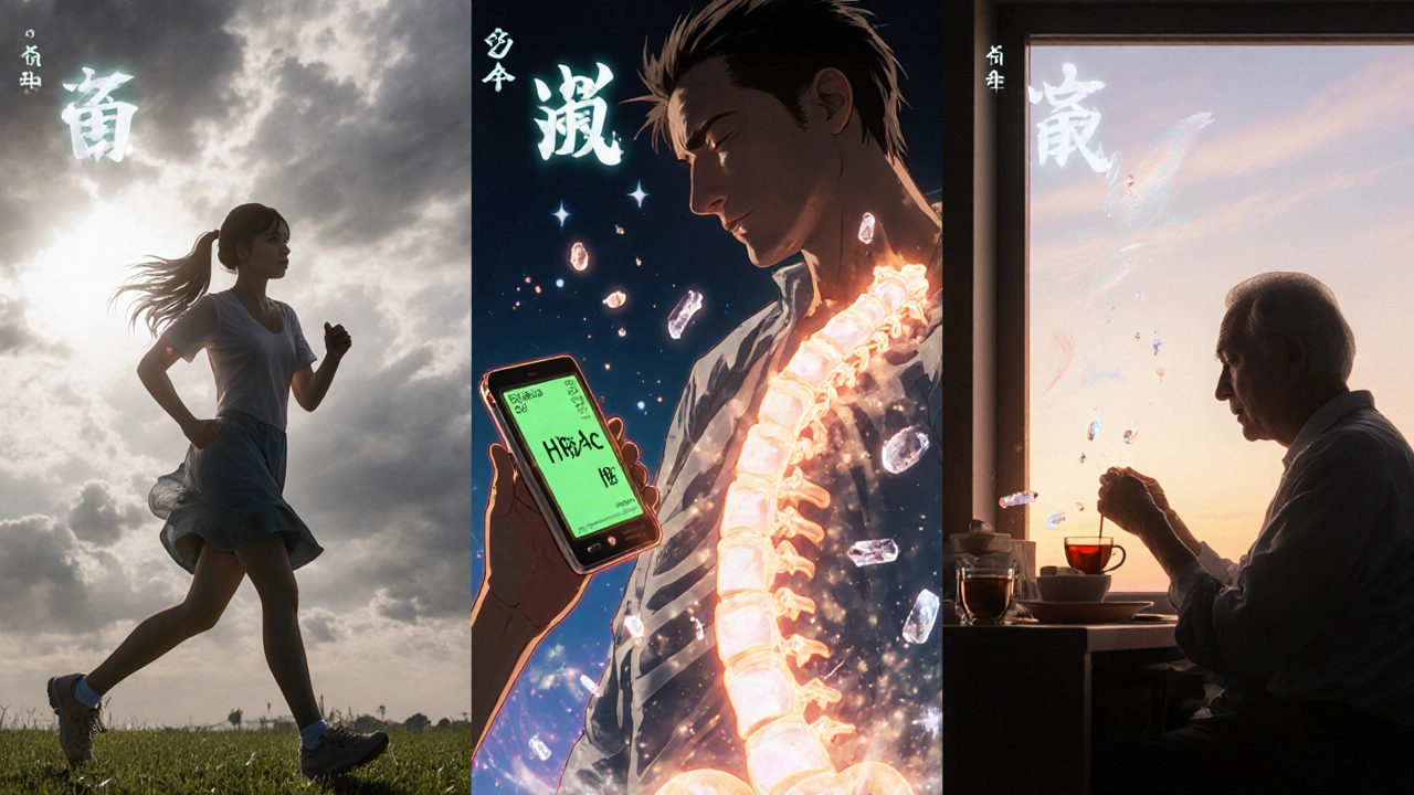 Trois scènes : marche, contrôle du sucre et sommeil paisible, avec des cristaux de calcium flottants.