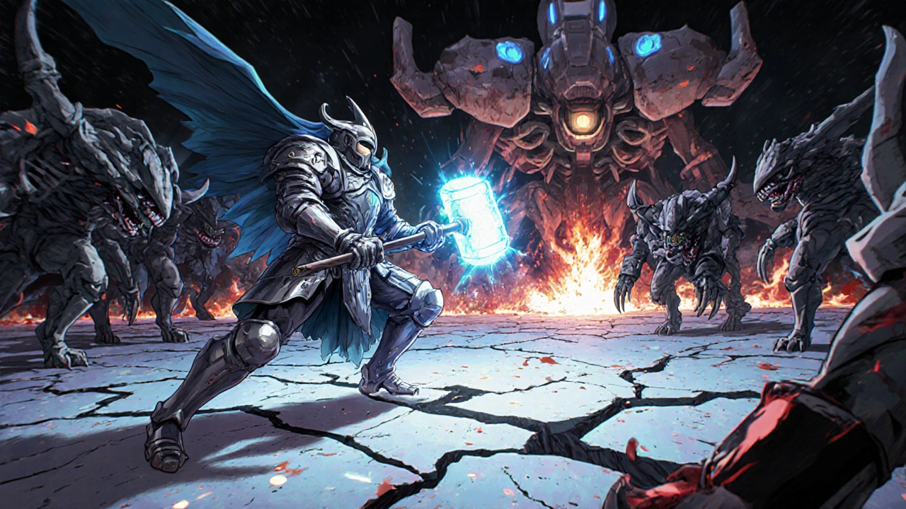 Un chevalier osseux combat des créatures sombres dans un corps humain, protégé par un mécha de résidronate.