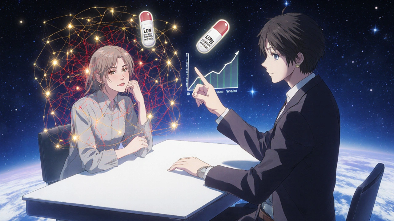 Un psychiatre et un patient observent une réorganisation neuronale en temps réel, avec des flux d&#039;endorphines dorées réparant le cerveau.