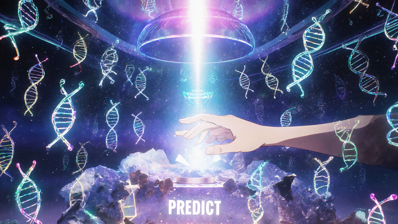 Une bibliothèque génomique cosmique relie un patient à une IA, tandis que des catégories raciales disparaissent en poussière.