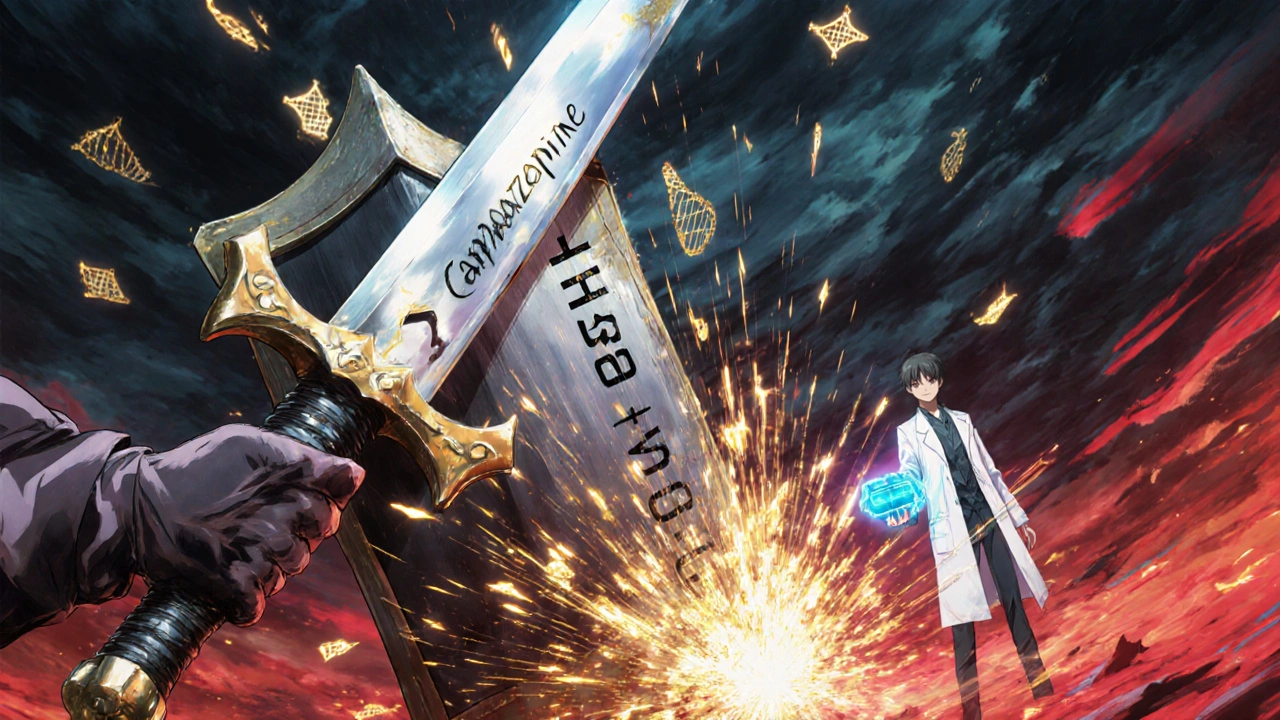 Une épée de médicament frappe un bouclier génétique qui explose en étincelles, tandis qu’un patient tient un scanner ADN.