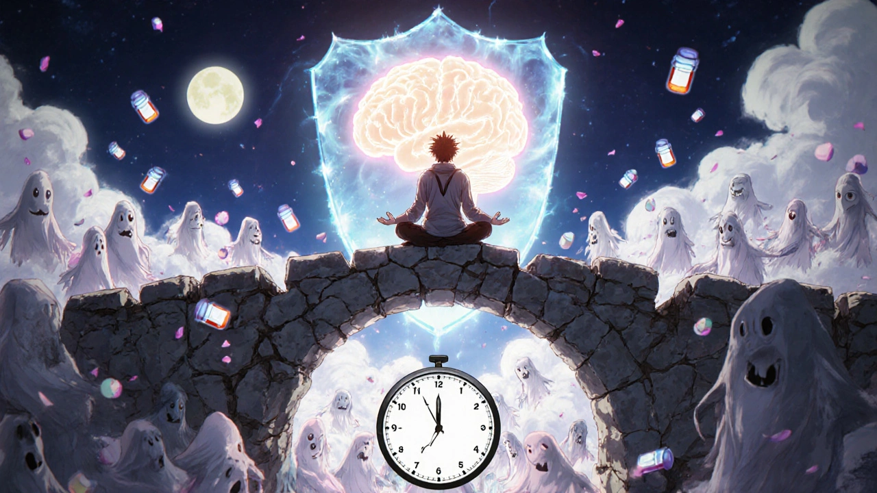 Une personne médite sur un pont en ruine, protégée par un bouclier cérébral qui se reforme, tandis que des pétales de sérénité flottent autour d&#039;elle.